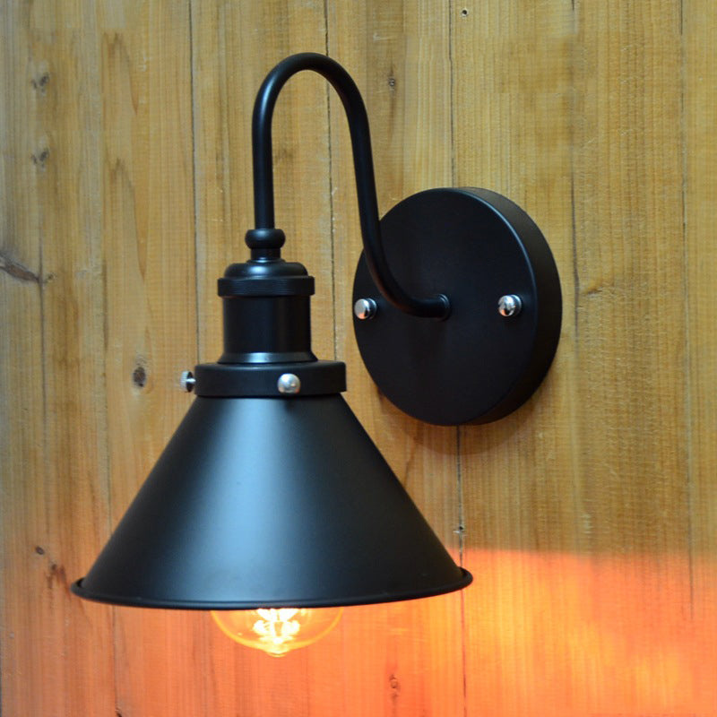 Gooseneck Metallic Wall Sconce with Cone Shade Vintage 1 Light Corridor Wall Mount Fixture in Black Clearhalo 'Art deco wall lights' 'Cast Iron' 'Glass' 'Industrial wall lights' 'Industrial' 'Middle century wall lights' 'Modern' 'Rustic wall lights' 'Tiffany' 'Traditional wall lights' 'Wall Lamps & Sconces' 'Wall Lights' Lighting' 148126