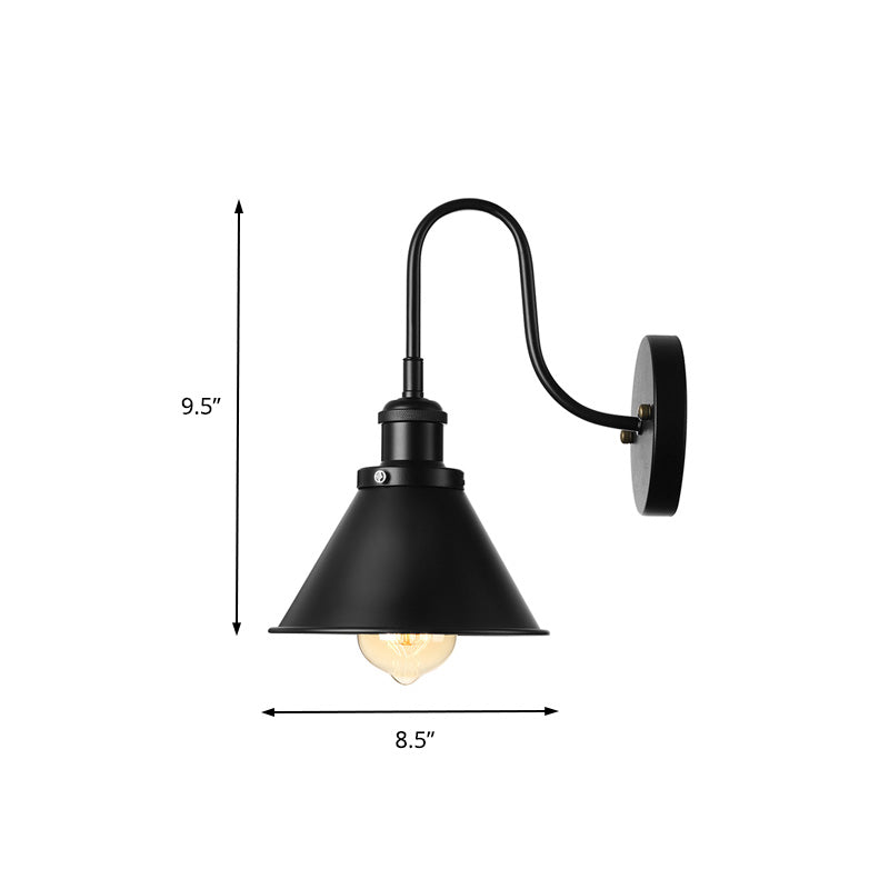Gooseneck Metallic Wall Sconce with Cone Shade Vintage 1 Light Corridor Wall Mount Fixture in Black Clearhalo 'Art deco wall lights' 'Cast Iron' 'Glass' 'Industrial wall lights' 'Industrial' 'Middle century wall lights' 'Modern' 'Rustic wall lights' 'Tiffany' 'Traditional wall lights' 'Wall Lamps & Sconces' 'Wall Lights' Lighting' 148128