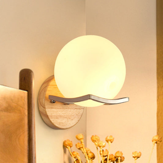 Globe Bedroom Wall Light Fixture Nordic Opal Glass Single Light Wood Sconce Lamp White Clearhalo 'Cast Iron' 'Glass' 'Industrial' 'Modern wall lights' 'Modern' 'Tiffany' 'Traditional wall lights' 'Wall Lamps & Sconces' 'Wall Lights' Lighting' 148172