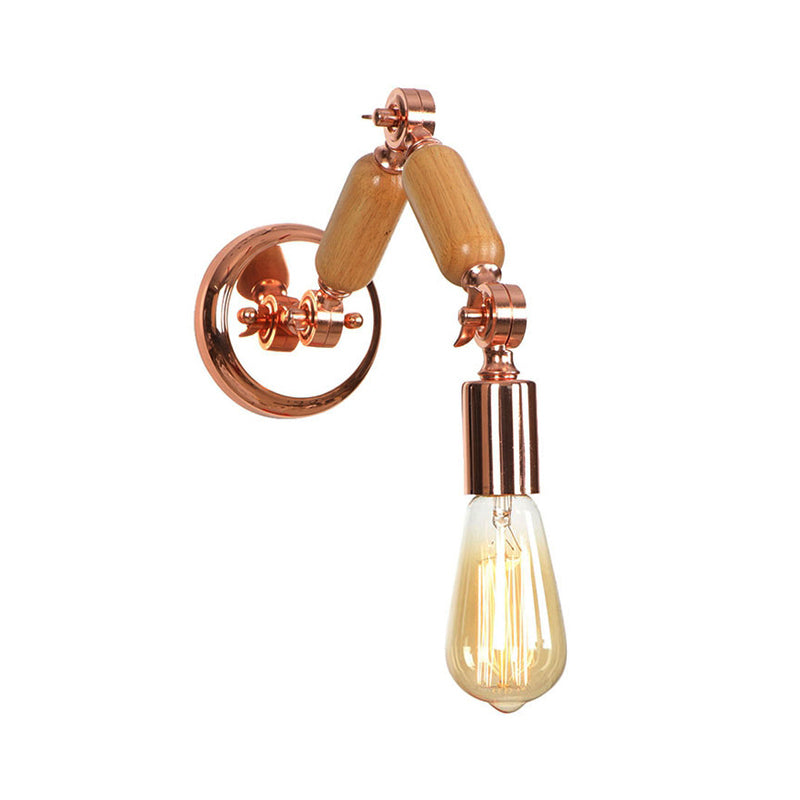Wooden Armed Sconce Lighting with Bare Bulb Industrial Metal 1 Head Living Room Wall Light in Rose Gold Clearhalo 'Art deco wall lights' 'Cast Iron' 'Glass' 'Industrial wall lights' 'Industrial' 'Middle century wall lights' 'Modern' 'Rustic wall lights' 'Tiffany' 'Traditional wall lights' 'Wall Lamps & Sconces' 'Wall Lights' Lighting' 148256