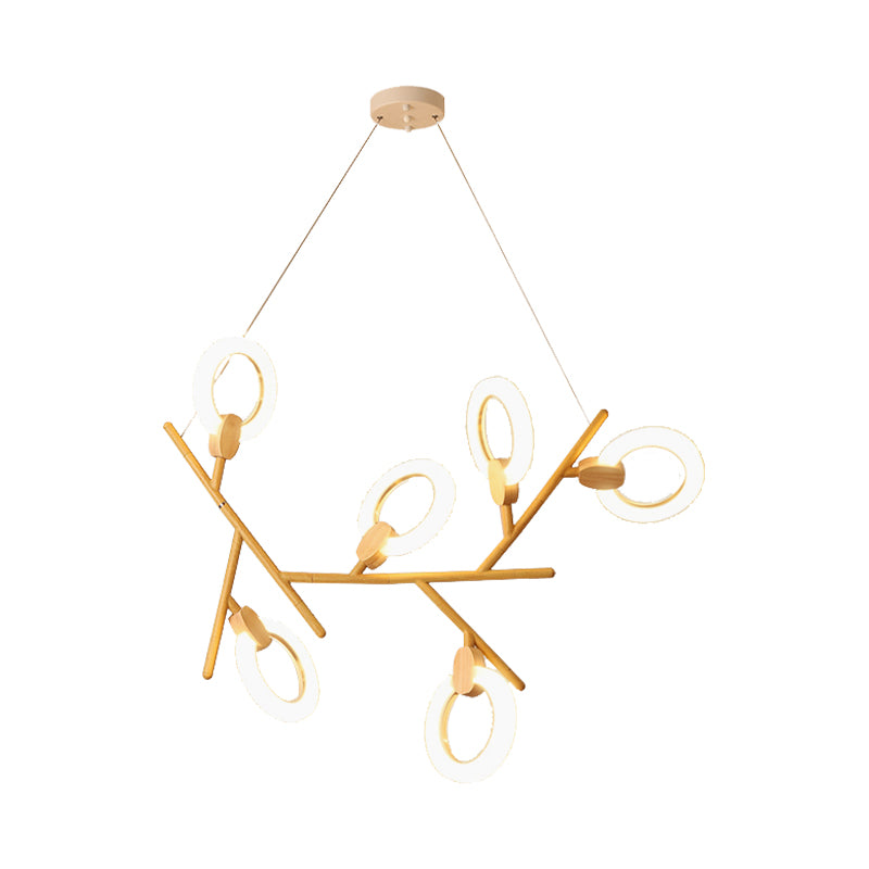 3/5/6 Lights Kitchen Ceiling Light with Branch Acrylic Shade Natural Wood Chandelier Lamp Clearhalo 'Ceiling Lights' 'Chandeliers' 'Modern Chandeliers' 'Modern' Lighting' 148380