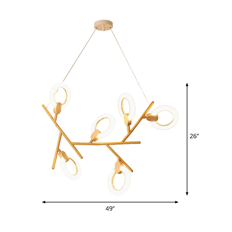 3/5/6 Lights Kitchen Ceiling Light with Branch Acrylic Shade Natural Wood Chandelier Lamp Clearhalo 'Ceiling Lights' 'Chandeliers' 'Modern Chandeliers' 'Modern' Lighting' 148381