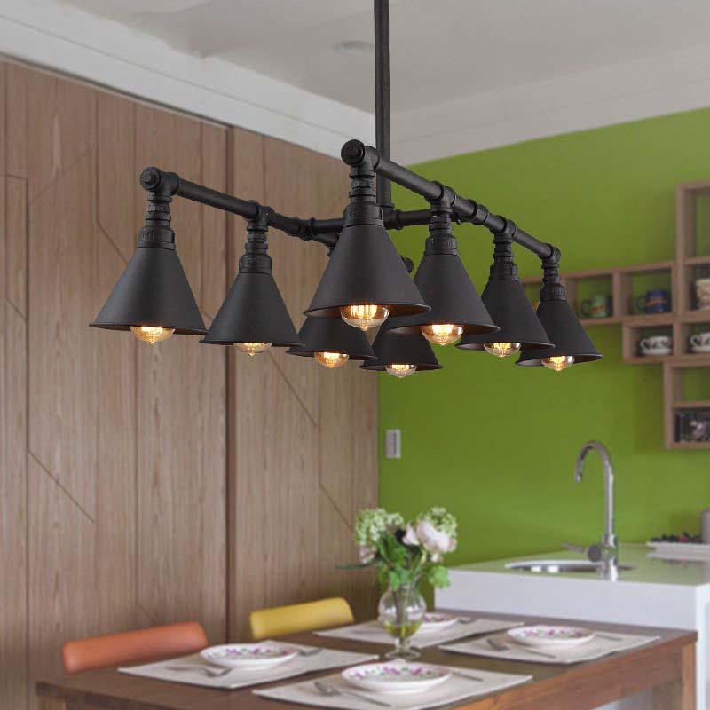 8 Lights Cone Island Chandelier Light Vintage Style Black Finish Metal Hanging Pendant Light with Pipe Black Clearhalo 'Ceiling Lights' 'Island Lights' Lighting' 148400