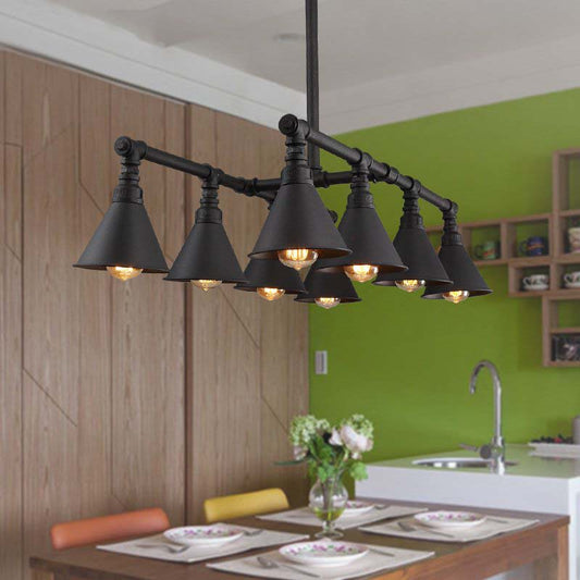 8 Lights Cone Island Chandelier Light Vintage Style Black Finish Metal Hanging Pendant Light with Pipe Black Clearhalo 'Ceiling Lights' 'Island Lights' Lighting' 148400