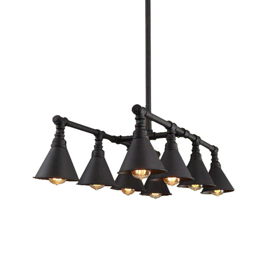 8 Lights Cone Island Chandelier Light Vintage Style Black Finish Metal Hanging Pendant Light with Pipe Clearhalo 'Ceiling Lights' 'Island Lights' Lighting' 148402