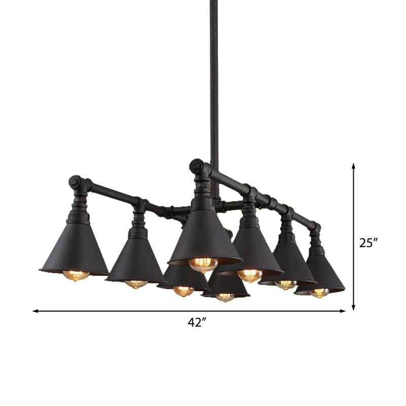 8 Lights Cone Island Chandelier Light Vintage Style Black Finish Metal Hanging Pendant Light with Pipe Clearhalo 'Ceiling Lights' 'Island Lights' Lighting' 148403