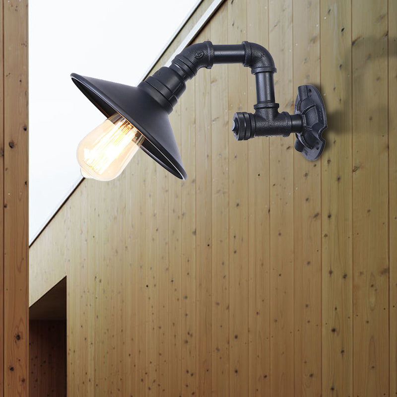 Matte Black Piped Wall Mount Light with Cone Shade Industrial Metal 1 Head Corridor Wall Lighting Clearhalo 'Art deco wall lights' 'Cast Iron' 'Glass' 'Industrial wall lights' 'Industrial' 'Middle century wall lights' 'Modern' 'Rustic wall lights' 'Tiffany' 'Traditional wall lights' 'Wall Lamps & Sconces' 'Wall Lights' Lighting' 148759