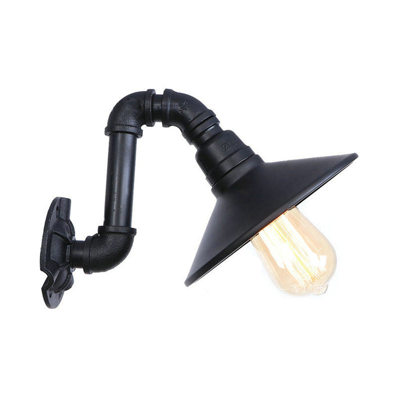 Farmhouse Cone Shade Wall Lamp with Curved Pipe 1 Head Metallic Wall Sconce Lighting in Black Finish Clearhalo 'Art deco wall lights' 'Cast Iron' 'Glass' 'Industrial wall lights' 'Industrial' 'Middle century wall lights' 'Modern' 'Rustic wall lights' 'Tiffany' 'Traditional wall lights' 'Wall Lamps & Sconces' 'Wall Lights' Lighting' 148764