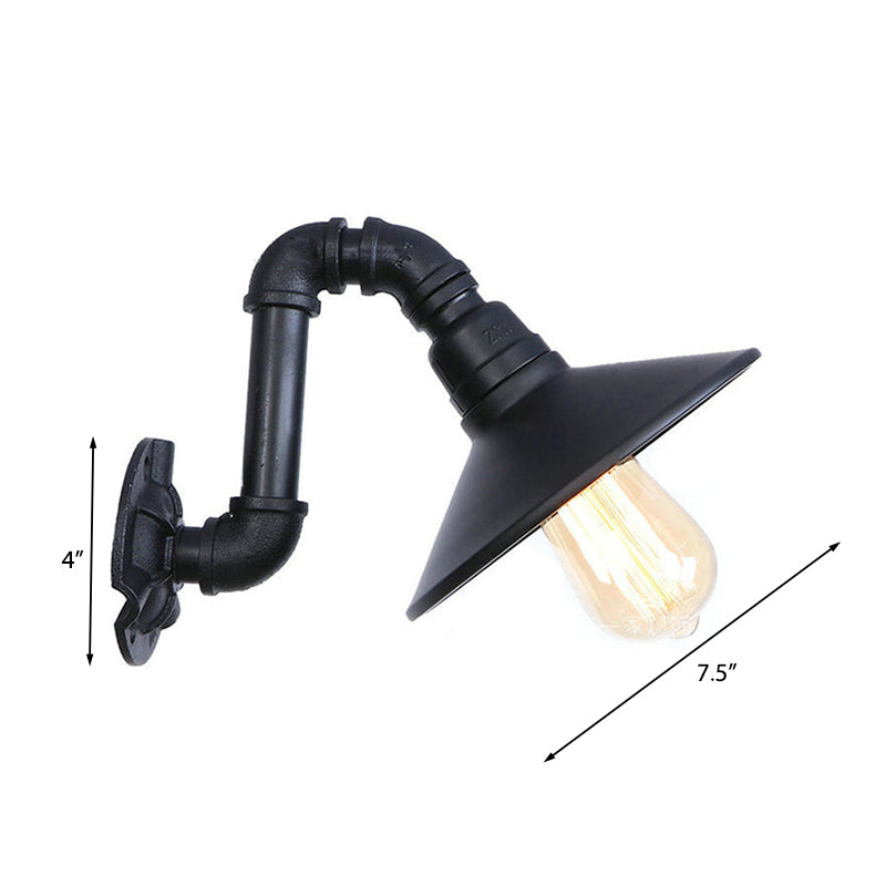 Farmhouse Cone Shade Wall Lamp with Curved Pipe 1 Head Metallic Wall Sconce Lighting in Black Finish Clearhalo 'Art deco wall lights' 'Cast Iron' 'Glass' 'Industrial wall lights' 'Industrial' 'Middle century wall lights' 'Modern' 'Rustic wall lights' 'Tiffany' 'Traditional wall lights' 'Wall Lamps & Sconces' 'Wall Lights' Lighting' 148765