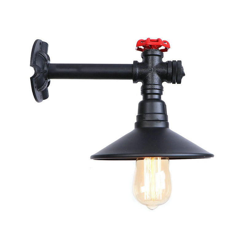 Industrial Plumbing Pipe Wall Sconce with Red Valve Deco 1 Light Metal Wall Mount Light in Black Clearhalo 'Art deco wall lights' 'Cast Iron' 'Glass' 'Industrial wall lights' 'Industrial' 'Middle century wall lights' 'Modern' 'Rustic wall lights' 'Tiffany' 'Traditional wall lights' 'Wall Lamps & Sconces' 'Wall Lights' Lighting' 148793