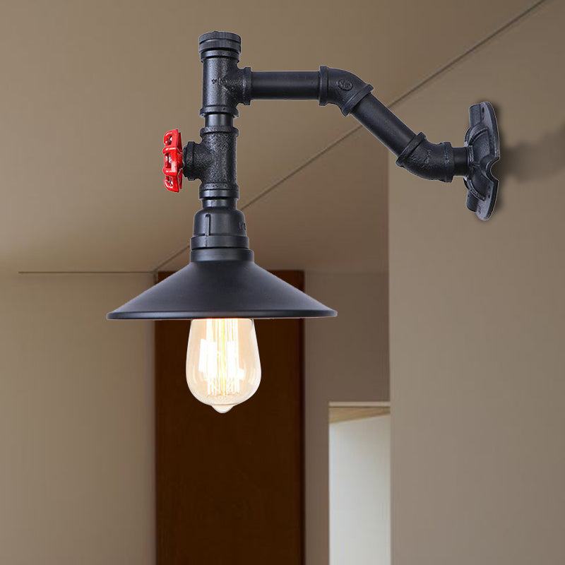 Warehouse Flared Wall Lamp Sconce 1 Bulb Metallic Wall Lighting with Plumbing Pipe and Red Valve in Black Black Clearhalo 'Art deco wall lights' 'Cast Iron' 'Glass' 'Industrial wall lights' 'Industrial' 'Middle century wall lights' 'Modern' 'Rustic wall lights' 'Tiffany' 'Traditional wall lights' 'Wall Lamps & Sconces' 'Wall Lights' Lighting' 148808