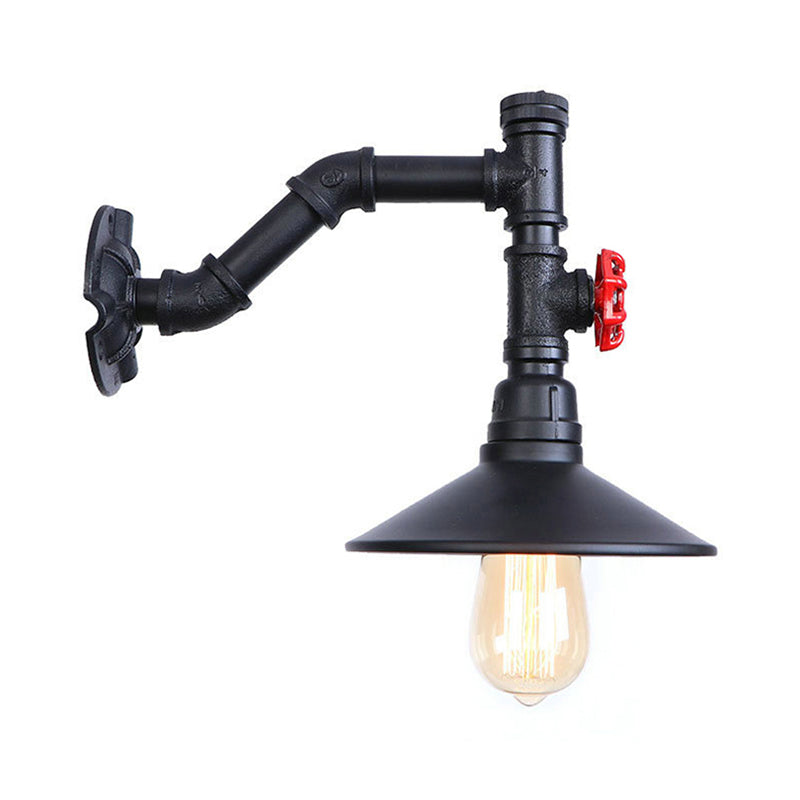 Warehouse Flared Wall Lamp Sconce 1 Bulb Metallic Wall Lighting with Plumbing Pipe and Red Valve in Black Clearhalo 'Art deco wall lights' 'Cast Iron' 'Glass' 'Industrial wall lights' 'Industrial' 'Middle century wall lights' 'Modern' 'Rustic wall lights' 'Tiffany' 'Traditional wall lights' 'Wall Lamps & Sconces' 'Wall Lights' Lighting' 148810