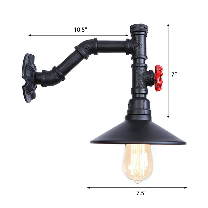 Warehouse Flared Wall Lamp Sconce 1 Bulb Metallic Wall Lighting with Plumbing Pipe and Red Valve in Black Clearhalo 'Art deco wall lights' 'Cast Iron' 'Glass' 'Industrial wall lights' 'Industrial' 'Middle century wall lights' 'Modern' 'Rustic wall lights' 'Tiffany' 'Traditional wall lights' 'Wall Lamps & Sconces' 'Wall Lights' Lighting' 148811