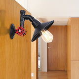 Iron Black Finish Wall Lamp Plumbing Pipe 1 Bulb Rustic Industrial Wall Mount Light with Flat Shade and Red Valve Black Clearhalo 'Art deco wall lights' 'Cast Iron' 'Glass' 'Industrial wall lights' 'Industrial' 'Middle century wall lights' 'Modern' 'Rustic wall lights' 'Tiffany' 'Traditional wall lights' 'Wall Lamps & Sconces' 'Wall Lights' Lighting' 148831