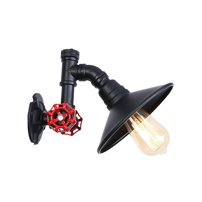 Iron Black Finish Wall Lamp Plumbing Pipe 1 Bulb Rustic Industrial Wall Mount Light with Flat Shade and Red Valve Clearhalo 'Art deco wall lights' 'Cast Iron' 'Glass' 'Industrial wall lights' 'Industrial' 'Middle century wall lights' 'Modern' 'Rustic wall lights' 'Tiffany' 'Traditional wall lights' 'Wall Lamps & Sconces' 'Wall Lights' Lighting' 148833