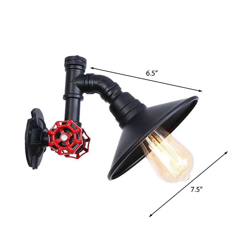 Iron Black Finish Wall Lamp Plumbing Pipe 1 Bulb Rustic Industrial Wall Mount Light with Flat Shade and Red Valve Clearhalo 'Art deco wall lights' 'Cast Iron' 'Glass' 'Industrial wall lights' 'Industrial' 'Middle century wall lights' 'Modern' 'Rustic wall lights' 'Tiffany' 'Traditional wall lights' 'Wall Lamps & Sconces' 'Wall Lights' Lighting' 148834