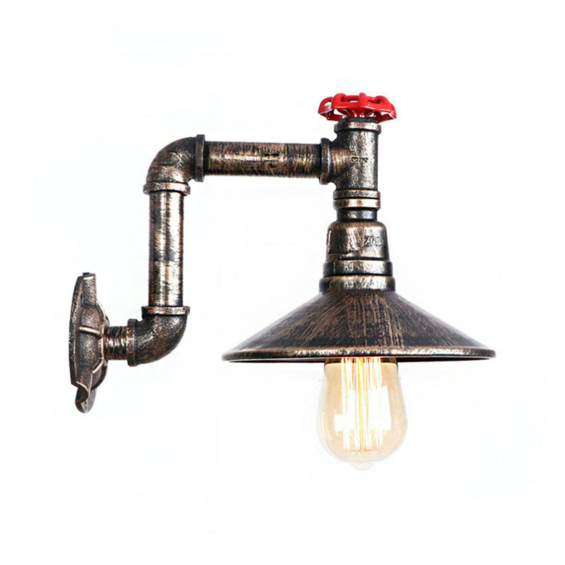 Wrought Iron Water Pipe Wall Lamp with Saucer Shade Retro Vintage 1 Light Balcony Wall Sconce Lighting in Aged Bronze Clearhalo 'Art deco wall lights' 'Cast Iron' 'Glass' 'Industrial wall lights' 'Industrial' 'Middle century wall lights' 'Modern' 'Rustic wall lights' 'Tiffany' 'Traditional wall lights' 'Wall Lamps & Sconces' 'Wall Lights' Lighting' 148837