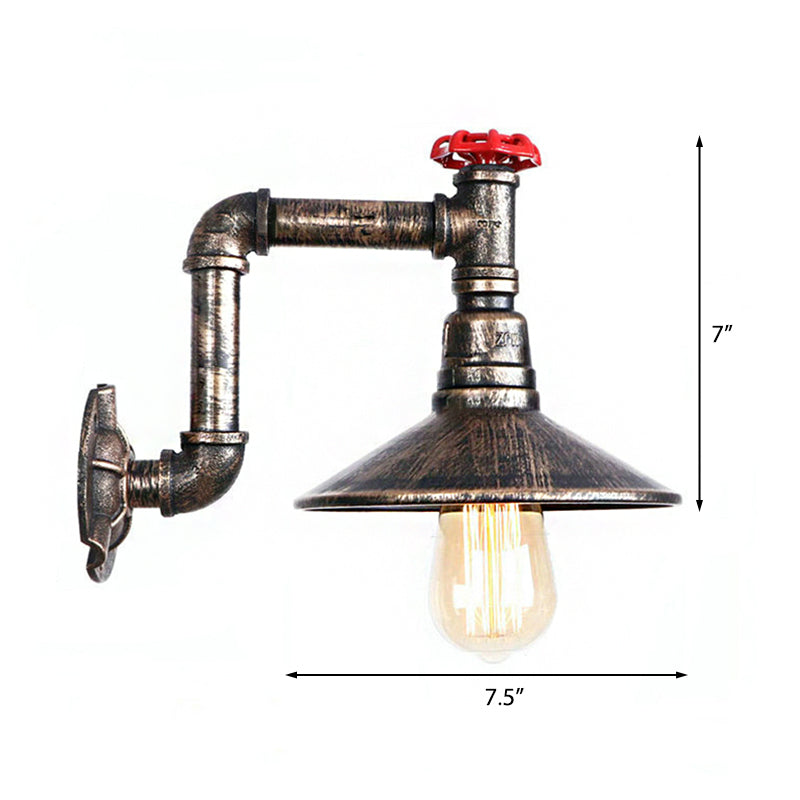 Wrought Iron Water Pipe Wall Lamp with Saucer Shade Retro Vintage 1 Light Balcony Wall Sconce Lighting in Aged Bronze Clearhalo 'Art deco wall lights' 'Cast Iron' 'Glass' 'Industrial wall lights' 'Industrial' 'Middle century wall lights' 'Modern' 'Rustic wall lights' 'Tiffany' 'Traditional wall lights' 'Wall Lamps & Sconces' 'Wall Lights' Lighting' 148838