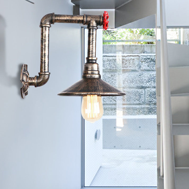 Metallic Saucer Wall Lamp Fixture Warehouse 1 Bulb Corridor Wall Mount Light with Red Valve and Pipe in Antique Bronze Antique Bronze Clearhalo 'Art deco wall lights' 'Cast Iron' 'Glass' 'Industrial wall lights' 'Industrial' 'Middle century wall lights' 'Modern' 'Rustic wall lights' 'Tiffany' 'Traditional wall lights' 'Wall Lamps & Sconces' 'Wall Lights' Lighting' 148839