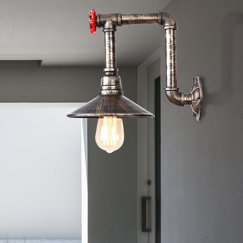 Metallic Saucer Wall Lamp Fixture Warehouse 1 Bulb Corridor Wall Mount Light with Red Valve and Pipe in Antique Bronze Clearhalo 'Art deco wall lights' 'Cast Iron' 'Glass' 'Industrial wall lights' 'Industrial' 'Middle century wall lights' 'Modern' 'Rustic wall lights' 'Tiffany' 'Traditional wall lights' 'Wall Lamps & Sconces' 'Wall Lights' Lighting' 148840