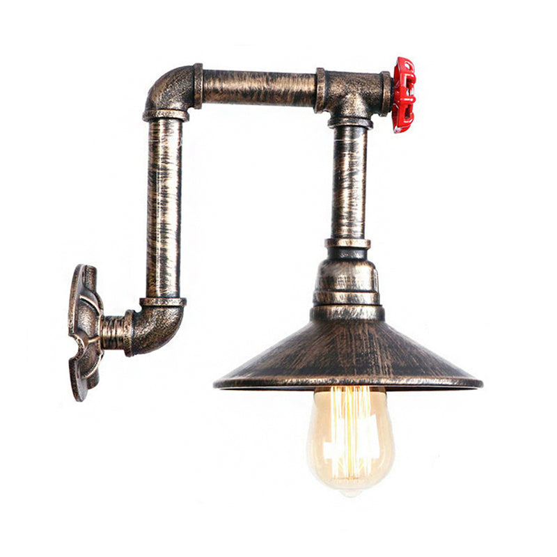 Metallic Saucer Wall Lamp Fixture Warehouse 1 Bulb Corridor Wall Mount Light with Red Valve and Pipe in Antique Bronze Clearhalo 'Art deco wall lights' 'Cast Iron' 'Glass' 'Industrial wall lights' 'Industrial' 'Middle century wall lights' 'Modern' 'Rustic wall lights' 'Tiffany' 'Traditional wall lights' 'Wall Lamps & Sconces' 'Wall Lights' Lighting' 148841