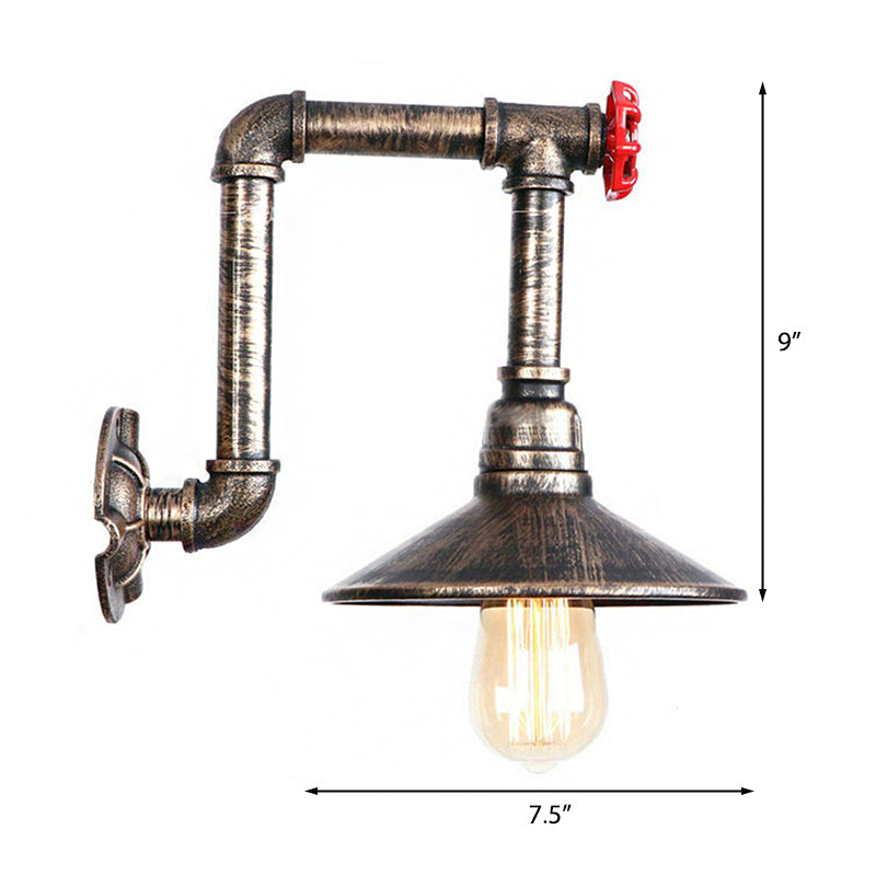 Metallic Saucer Wall Lamp Fixture Warehouse 1 Bulb Corridor Wall Mount Light with Red Valve and Pipe in Antique Bronze Clearhalo 'Art deco wall lights' 'Cast Iron' 'Glass' 'Industrial wall lights' 'Industrial' 'Middle century wall lights' 'Modern' 'Rustic wall lights' 'Tiffany' 'Traditional wall lights' 'Wall Lamps & Sconces' 'Wall Lights' Lighting' 148842
