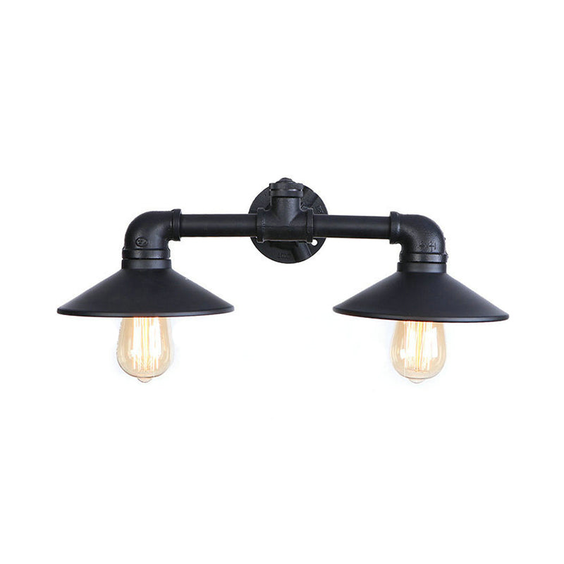 Black Flared Shade Wall Lamp Fixture Industrial Metal 2 Bulbs Dining Room Sconce Lighting with Pipe Clearhalo 'Art deco wall lights' 'Cast Iron' 'Glass' 'Industrial wall lights' 'Industrial' 'Middle century wall lights' 'Modern' 'Rustic wall lights' 'Tiffany' 'Traditional wall lights' 'Wall Lamps & Sconces' 'Wall Lights' Lighting' 148872