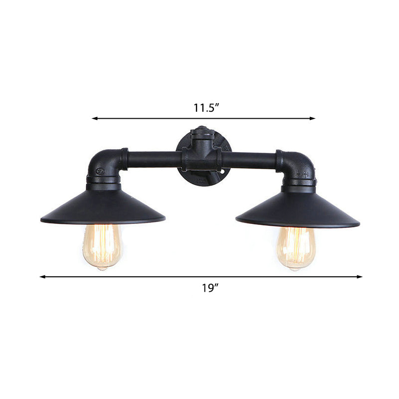 Black Flared Shade Wall Lamp Fixture Industrial Metal 2 Bulbs Dining Room Sconce Lighting with Pipe Clearhalo 'Art deco wall lights' 'Cast Iron' 'Glass' 'Industrial wall lights' 'Industrial' 'Middle century wall lights' 'Modern' 'Rustic wall lights' 'Tiffany' 'Traditional wall lights' 'Wall Lamps & Sconces' 'Wall Lights' Lighting' 148873