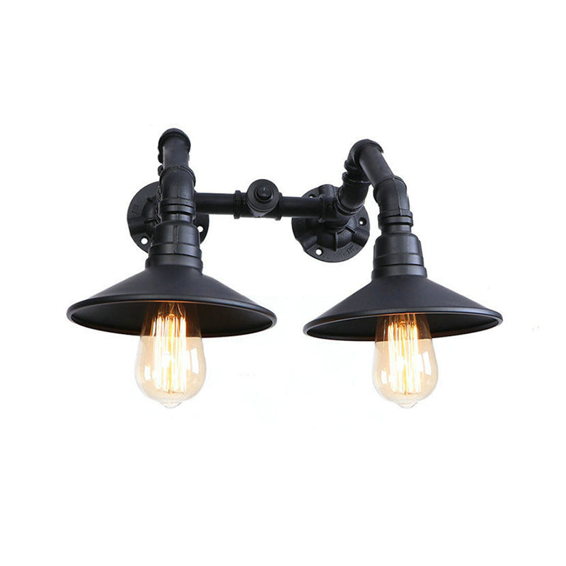 Black Finish Saucer Wall Sconce Warehouse Style Metal 2 Lights Indoor Wall Mount Light with Water Pipe Clearhalo 'Art deco wall lights' 'Cast Iron' 'Glass' 'Industrial wall lights' 'Industrial' 'Middle century wall lights' 'Modern' 'Rustic wall lights' 'Tiffany' 'Traditional wall lights' 'Wall Lamps & Sconces' 'Wall Lights' Lighting' 148881