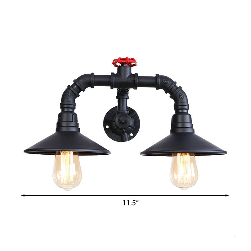 Black Plumbing Pipe Wall Lighting with Red Valve Rustic Industrial Metallic 2 Light Stairway Wall Sconce Light Clearhalo 'Art deco wall lights' 'Cast Iron' 'Glass' 'Industrial wall lights' 'Industrial' 'Middle century wall lights' 'Modern' 'Rustic wall lights' 'Tiffany' 'Traditional wall lights' 'Wall Lamps & Sconces' 'Wall Lights' Lighting' 148886