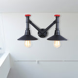 Black 2 Heads Wall Lamp Fixture Warehouse Style Metal Saucer Shade Wall Sconce Light with Pipe and Valve Clearhalo 'Art deco wall lights' 'Cast Iron' 'Glass' 'Industrial wall lights' 'Industrial' 'Middle century wall lights' 'Modern' 'Rustic wall lights' 'Tiffany' 'Traditional wall lights' 'Wall Lamps & Sconces' 'Wall Lights' Lighting' 148892