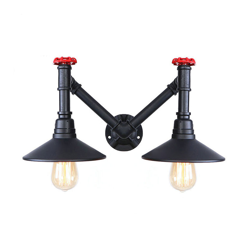 Black 2 Heads Wall Lamp Fixture Warehouse Style Metal Saucer Shade Wall Sconce Light with Pipe and Valve Clearhalo 'Art deco wall lights' 'Cast Iron' 'Glass' 'Industrial wall lights' 'Industrial' 'Middle century wall lights' 'Modern' 'Rustic wall lights' 'Tiffany' 'Traditional wall lights' 'Wall Lamps & Sconces' 'Wall Lights' Lighting' 148893