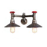 Weathered Bronze 2 Bulbs Wall Mount Light Steampunk Wrought Iron Cone Shade Wall Sconce with Red Valve Clearhalo 'Art deco wall lights' 'Cast Iron' 'Glass' 'Industrial wall lights' 'Industrial' 'Middle century wall lights' 'Modern' 'Rustic wall lights' 'Tiffany' 'Traditional wall lights' 'Wall Lamps & Sconces' 'Wall Lights' Lighting' 148903