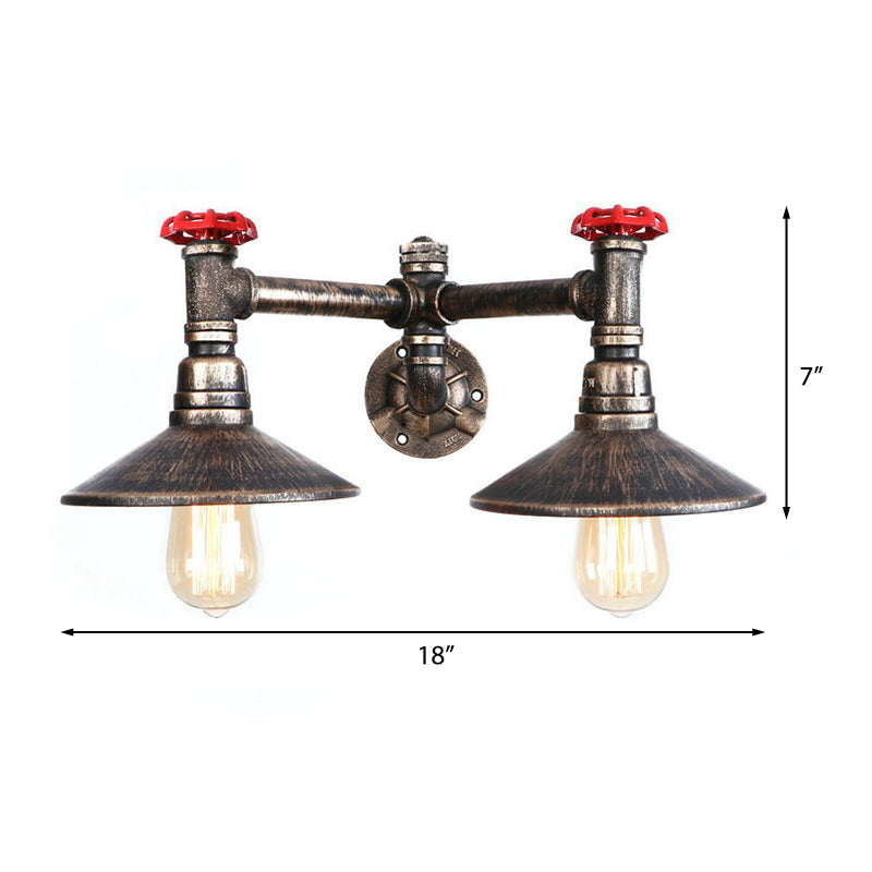 Weathered Bronze 2 Bulbs Wall Mount Light Steampunk Wrought Iron Cone Shade Wall Sconce with Red Valve Clearhalo 'Art deco wall lights' 'Cast Iron' 'Glass' 'Industrial wall lights' 'Industrial' 'Middle century wall lights' 'Modern' 'Rustic wall lights' 'Tiffany' 'Traditional wall lights' 'Wall Lamps & Sconces' 'Wall Lights' Lighting' 148904