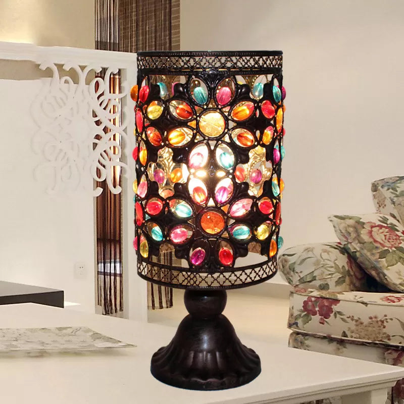 4"/5"/6" Wide Bohemian Cylinder Table Lighting with Colorful Bead 1 Lighting Standing Light in Black Black 6" Clearhalo 'Lamps' 'Table Lamps' Lighting' 14898