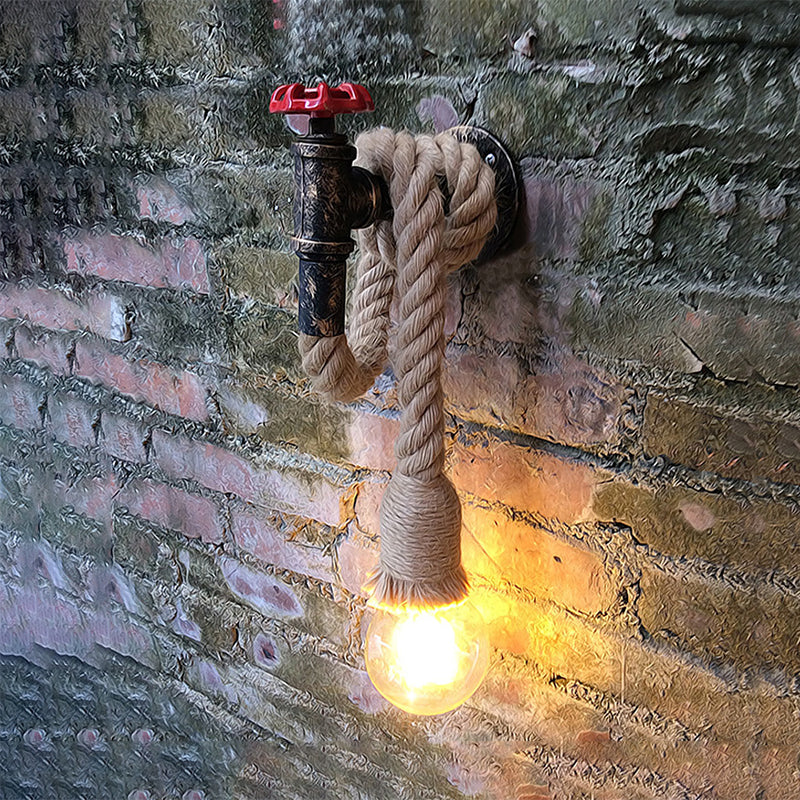 1 Light Adjustable Rope Wall Lamp with Open Bulb and Faucet Farmhouse Antique Bronze Iron Wall Mount Light Clearhalo 'Art deco wall lights' 'Cast Iron' 'Glass' 'Industrial wall lights' 'Industrial' 'Middle century wall lights' 'Modern' 'Rustic wall lights' 'Tiffany' 'Traditional wall lights' 'Wall Lamps & Sconces' 'Wall Lights' Lighting' 148986