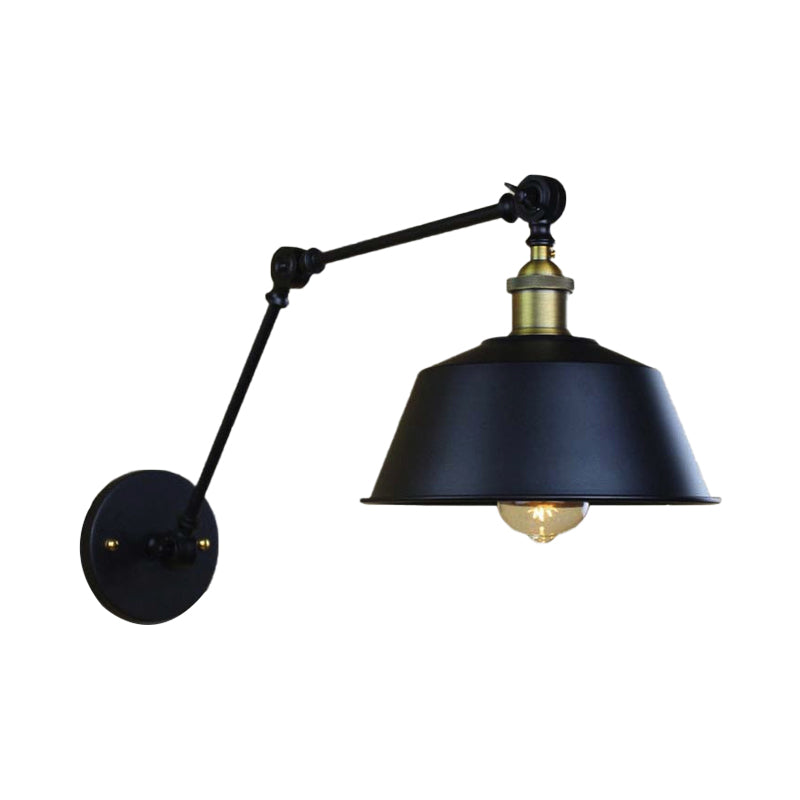 Retro Swing Arm Sconce Lighting 1 Head Metallic Wall Light Fixture with Tapered Shade in Black for Corridor Clearhalo 'Art deco wall lights' 'Cast Iron' 'Glass' 'Industrial wall lights' 'Industrial' 'Middle century wall lights' 'Modern' 'Rustic wall lights' 'Tiffany' 'Traditional wall lights' 'Wall Lamps & Sconces' 'Wall Lights' Lighting' 149064