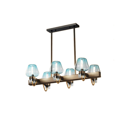 Cone Island Lighting Modernist Clear/Amber/Smoke Glass 6/8 Lights Black/Brass Ceiling Pendant Lamp with Linear Design 6 Blue Clearhalo 'Ceiling Lights' 'Island Lights' Lighting' 149466