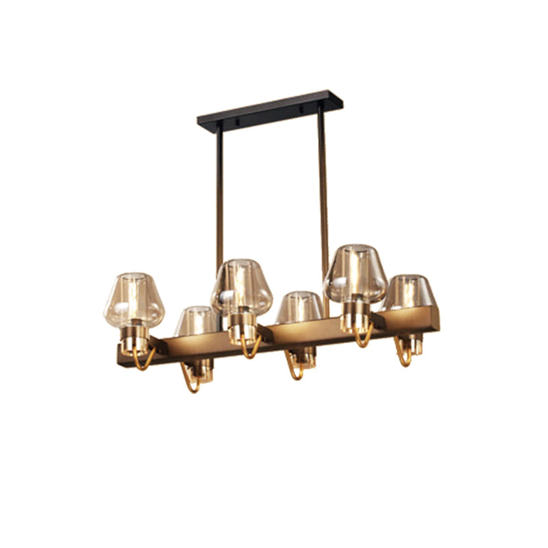 Cone Island Lighting Modernist Clear/Amber/Smoke Glass 6/8 Lights Black/Brass Ceiling Pendant Lamp with Linear Design 6 Amber Clearhalo 'Ceiling Lights' 'Island Lights' Lighting' 149468