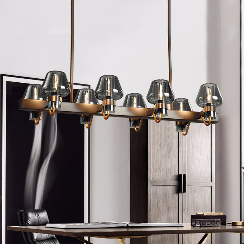 Cone Island Lighting Modernist Clear/Amber/Smoke Glass 6/8 Lights Black/Brass Ceiling Pendant Lamp with Linear Design 8 Smoke Gray Clearhalo 'Ceiling Lights' 'Island Lights' Lighting' 149472