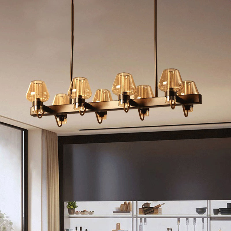 Cone Island Lighting Modernist Clear/Amber/Smoke Glass 6/8 Lights Black/Brass Ceiling Pendant Lamp with Linear Design 8 Amber Clearhalo 'Ceiling Lights' 'Island Lights' Lighting' 149473