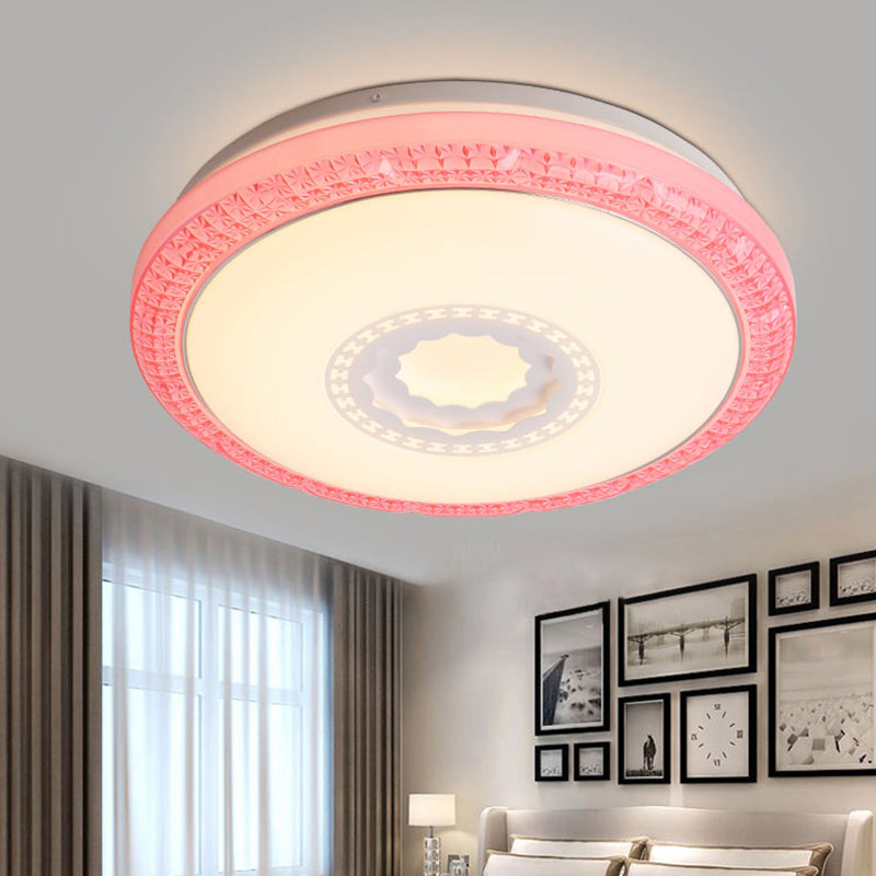 Modern Drum Flush Mount Lamp with Acrylic Diffuser White/Pink/Blue Integrated LED Bedroom Ceiling Fixture in Warm/White, 16"/19.5" Dia Pink Clearhalo 'Ceiling Lights' 'Close To Ceiling Lights' 'Close to ceiling' 'Flush mount' Lighting' 149478