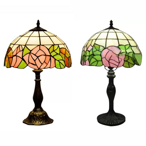 12"/16" Inch Pink Rose Tiffany Table Light Stained Glass 1 Light Standing Table Light in Bronze/Black Clearhalo 'Lamps' 'Table Lamps' Lighting' 14962