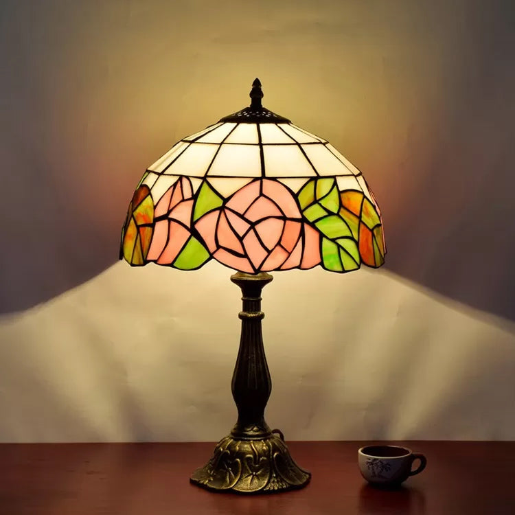 12"/16" Inch Pink Rose Tiffany Table Light Stained Glass 1 Light Standing Table Light in Bronze/Black Bronze 16" Clearhalo 'Lamps' 'Table Lamps' Lighting' 14965