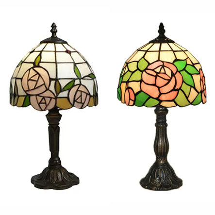 Tiffany Rose Table Light Bedroom 1 Light Stained Glass Decorative Standing Light in Pink-White/Pink Clearhalo 'Lamps' 'Table Lamps' Lighting' 14968