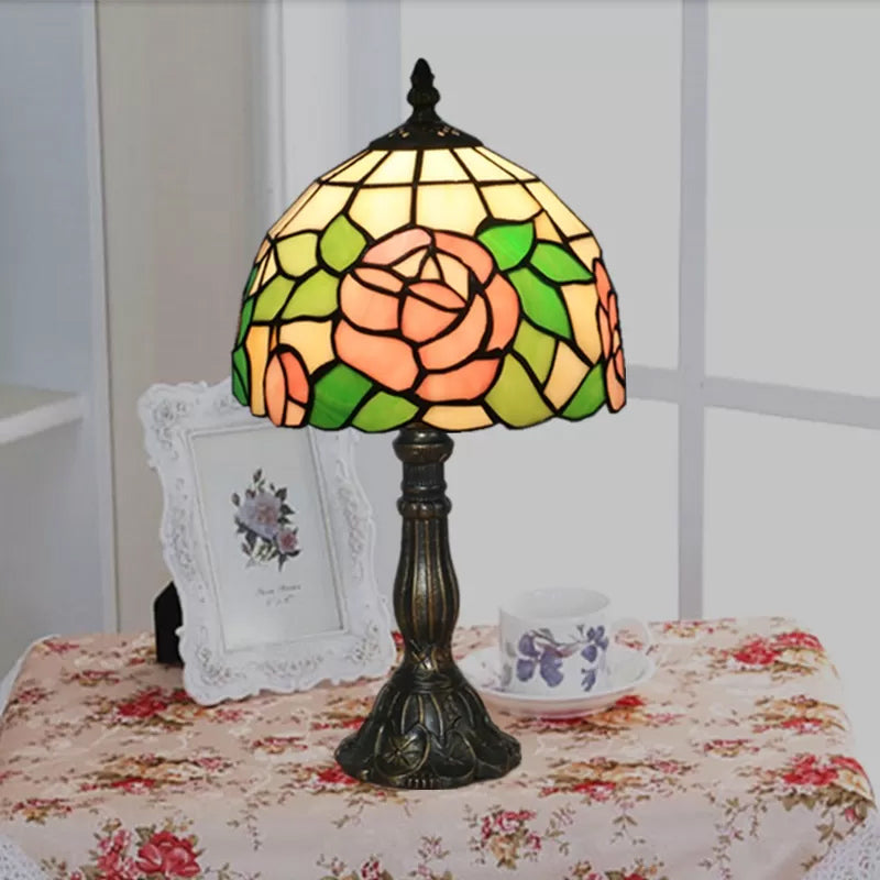 Tiffany Rose Table Light Bedroom 1 Light Stained Glass Decorative Standing Light in Pink-White/Pink Pink Clearhalo 'Lamps' 'Table Lamps' Lighting' 14973