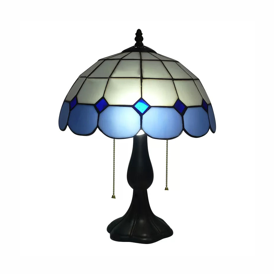 Traditional Dome Table Light with Grid Design Stained Glass 2 Lights Table Lighting in Blue/Yellow Blue Clearhalo 'Lamps' 'Table Lamps' Lighting' 14976