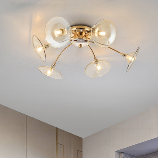6 Lights Dining Room Semi Flush Mount Lamp with Trumpet Glass Shade Nordic Gold Ceiling Light Fixture Gold Clearhalo 'Ceiling Lights' 'Close To Ceiling Lights' 'Close to ceiling' 'Glass shade' 'Glass' 'Pendant Lights' 'Semi-flushmount' Lighting' 149899