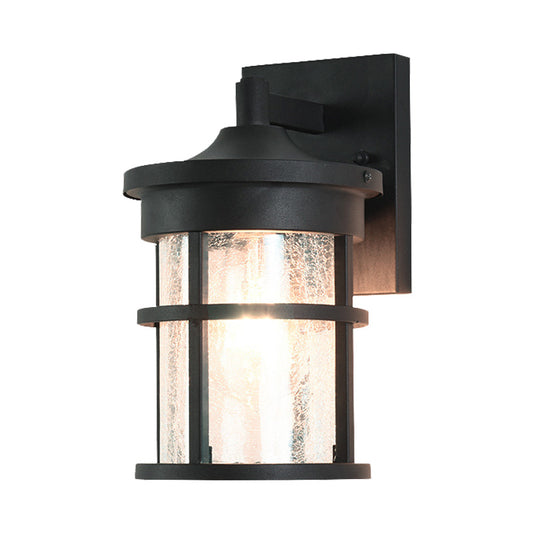 Cylinder Outdoor Wall Light Fixture Vintage Crackle Glass 1 Light Black Sconce Lamp, 6"/8" Wide Clearhalo 'Art deco wall lights' 'Cast Iron' 'Glass' 'Industrial wall lights' 'Industrial' 'Middle century wall lights' 'Modern' 'Rustic wall lights' 'Tiffany' 'Traditional wall lights' 'Wall Lamps & Sconces' 'Wall Lights' Lighting' 149996