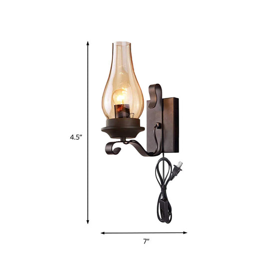 1 Light Candle Wall Sconce Vintage Industrial Black Cognac Glass Lighting in Black with Plug-in Cord Clearhalo 'Art deco wall lights' 'Cast Iron' 'Glass' 'Industrial wall lights' 'Industrial' 'Middle century wall lights' 'Modern' 'Rustic wall lights' 'Tiffany' 'Traditional wall lights' 'Wall Lamps & Sconces' 'Wall Lights' Lighting' 150023